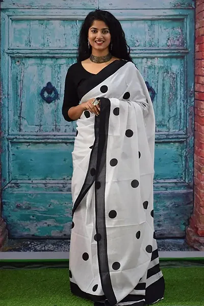 Elegant Cotton Mulmul Printed Saree With Blouse Piece