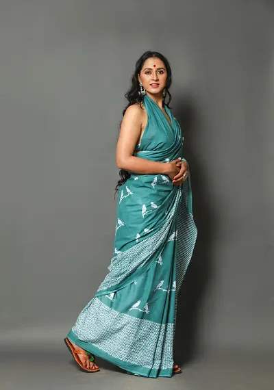 Jaipuri Printed Cotton Mulmul Saree With Attached Blouse Piece