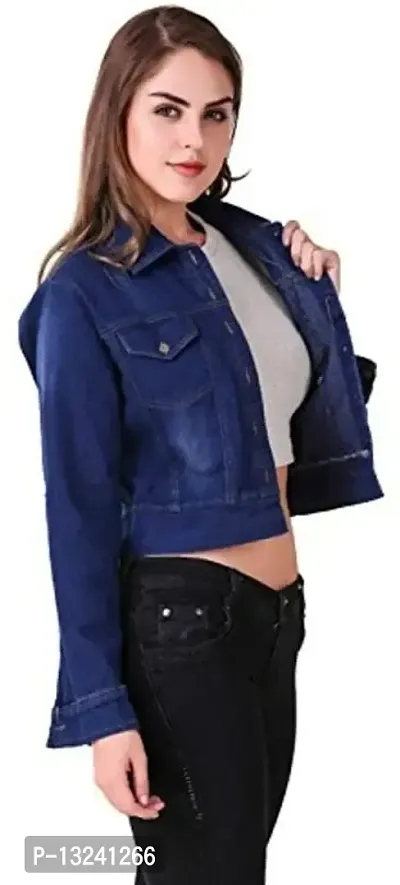 G.S.A ENTERPRISES Women Full Sleeves Fashionable Regular Collar Denim Dark Blue Jacket for Women-thumb2