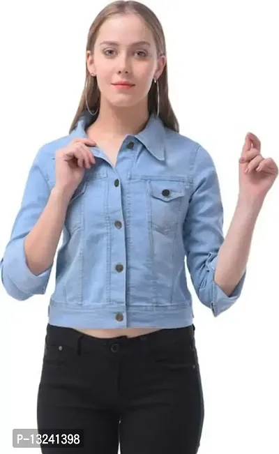 GSAMALL Stylish Latest Denim Lycra Blend Jacket For Women | PLN-L.BLUE-M