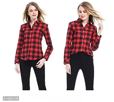 G.S.A ENTERPRISES Women's ?Full Sleeve Red/Black Check Cotton Combo of 2 Shirt-thumb0
