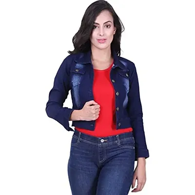 GSAMALL Stylish Latest Denim Lycra Blend Jacket For Women | PLN-D.BLUE-M