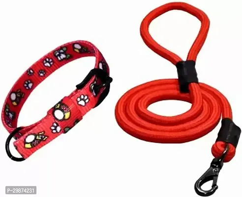 Printed Nylon Collar AND Rope Leash red Dog Collar AND Leash Medium Red