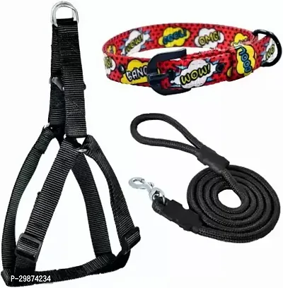 Dog Harness Belts Neck Collar and Rope Combo Set Dog Collar AND Leash Medium Black Red-thumb0