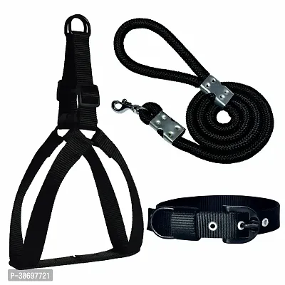 Dog Harness Belts Neck Collar and Rope Combo Set Dog Collar AND Leash Medium Coal Black