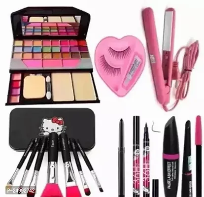 Hitan 6155 Makeup Kit, Eyelash, Straightner, 7 Pc Makeup Brushes, Kajal, 36H Eyeliner, 3 In 1 Set Of 12-thumb0