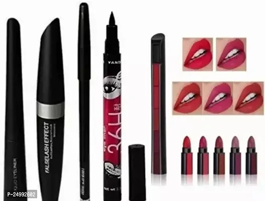 Hitan Combo Of Mascara, Liquid Eyeliner, Eyebrow Pencil, 36H Eyeliner And 5 In 1 Red Edition Lipstick Set Of 5-thumb0