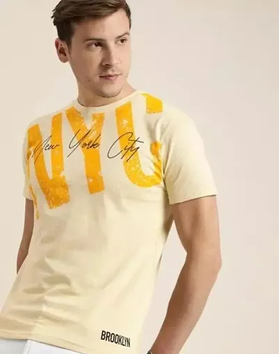 Stylish Yellow Cotton Blend Tshirt For Men