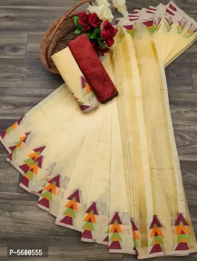 Women's Linen Silk Weaving Saree with Blouse Piece