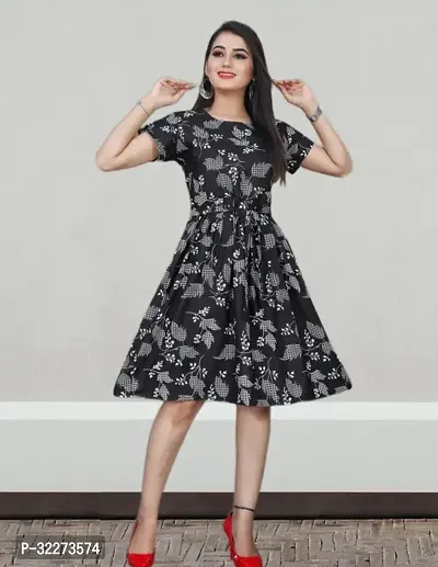 Stylish Black Crepe Printed A-Line Dress For Women-thumb0