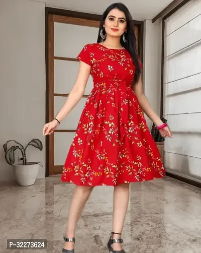 Stylish Red Crepe Printed A-Line Dress For Women-thumb0