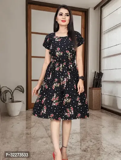 Stylish Black Crepe Printed A-Line Dress For Women