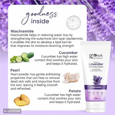 Globus Naturals Purifying Lavender Face Wash, Enriched With Niacinamide  Pearl, Hydro Boost Formula, Natural, Gentle  Mild, Suitable Normal to Dry Skin, 75 gm-thumb4