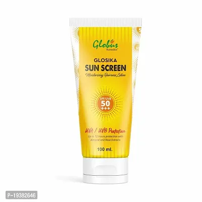 Globus Remedies Glosika Sunscreen Lotion, SPF 50 PA+++ Up to 12 hrs Protection with almond  Rose Extract, Suitable For All Skin Types, 100 gm