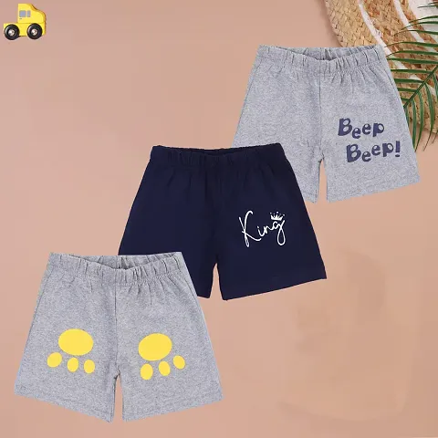 Stylish Grey And Blue Cotton Printed Shorts For Boys Pack Of 3
