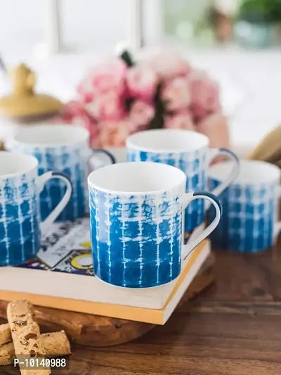 Goodhomes Bone China Tea Cups/Coffee Mugs with Indigo Print (Set of 6 Mugs). (Made in India)