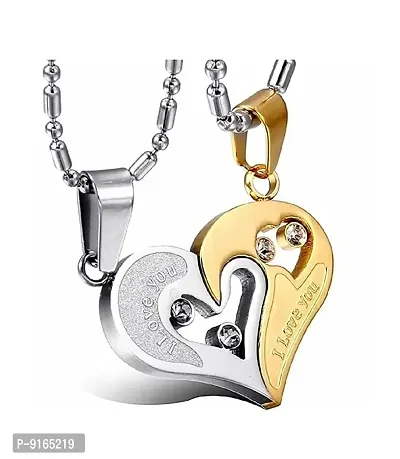 Valentine Special Golden-Silver Broken Two Half Heart Shape Love Pendant Locket Necklace Chain Jewellery for Lovers/Couples Stainless Steel Locket-thumb0