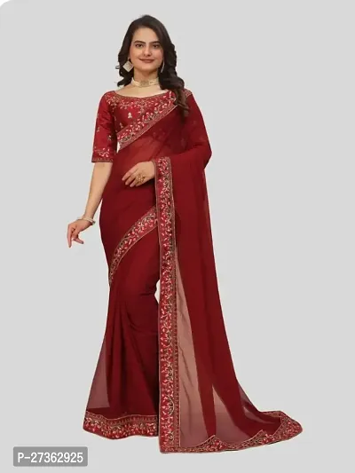 Beautifull Georgette Embroidery Saree With Beautiful Lace And Blouse-thumb0