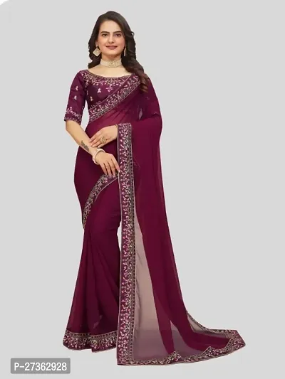 Beautifull Georgette Embroidery Saree With Beautiful Lace And Blouse-thumb0