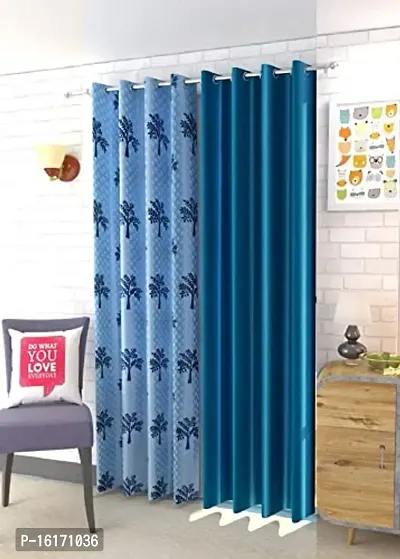 RDK Polyester Tree Printed Eyelet Window Curtain, 6 Feet, Aqua(1 Print + 1 Plain)-Pack of 2-thumb0