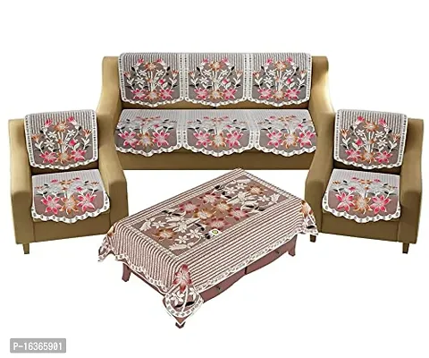 Polyester Floral 5 Seater Sofa Cover Set with Center Table Cover-thumb0