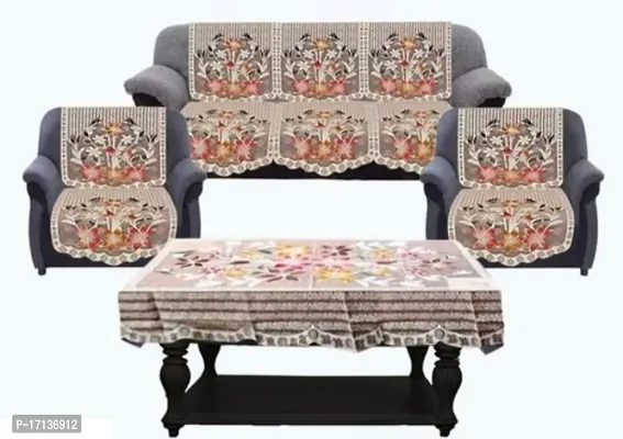 Solid Floral Fabric 5 Seater Sofa Cover Set with Table Cover-thumb0
