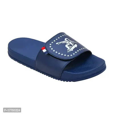 Stylish Navy Blue Synthetic Leather Printed Sliders For Men-thumb2