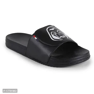 Stylish Black Synthetic Leather Printed Sliders For Men-thumb2