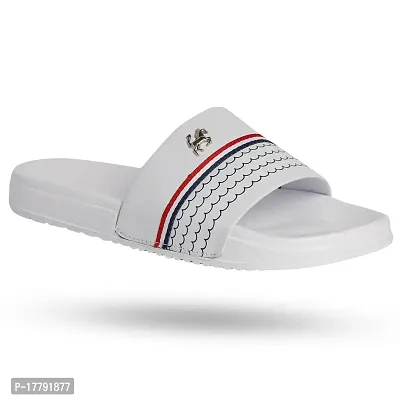 Stylish White Synthetic Leather Printed Sliders For Men-thumb2