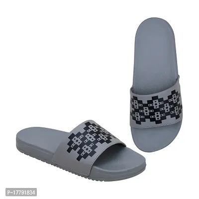 Stylish Grey Synthetic Leather Printed Sliders For Men