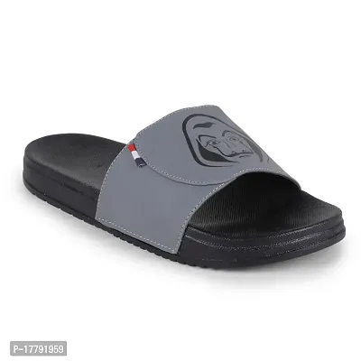 Stylish Grey Synthetic Leather Printed Sliders For Men-thumb2