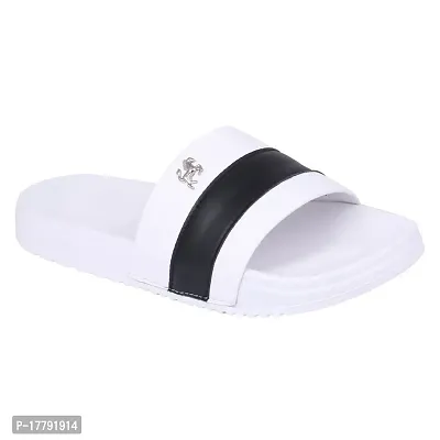 Stylish White Synthetic Leather Printed Sliders For Men-thumb2