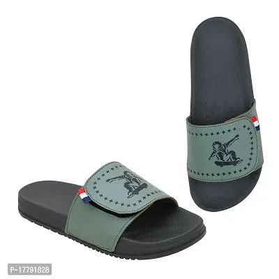Stylish Green Synthetic Leather Printed Sliders For Men