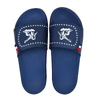 Stylish Navy Blue Synthetic Leather Printed Sliders For Men-thumb4