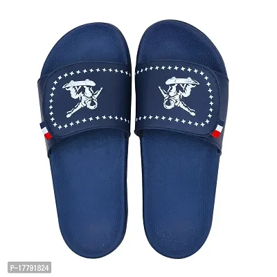 Stylish Navy Blue Synthetic Leather Printed Sliders For Men-thumb5