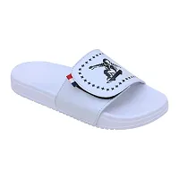 Stylish White Synthetic Leather Printed Sliders For Men-thumb1