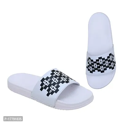 Stylish White Synthetic Leather Printed Sliders For Men