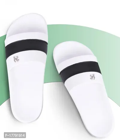 Stylish White Synthetic Leather Printed Sliders For Men