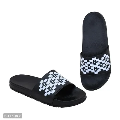 Stylish Black Synthetic Leather Printed Sliders For Men