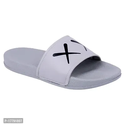 Stylish Grey Synthetic Leather Printed Sliders For Men-thumb0