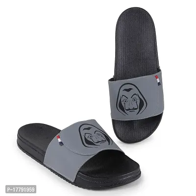 Stylish Grey Synthetic Leather Printed Sliders For Men
