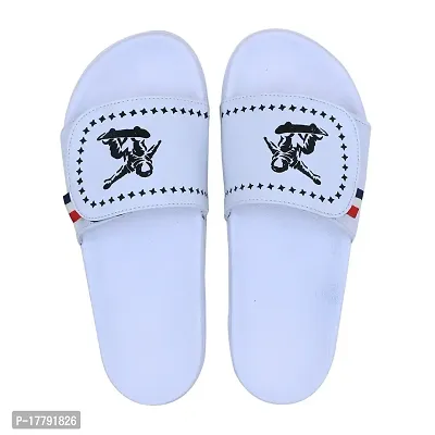 Stylish White Synthetic Leather Printed Sliders For Men-thumb5