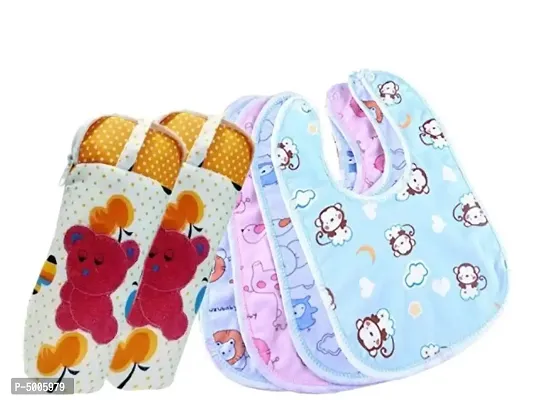 Very Soft  Skin Friendly Feeding Bibs With Baby Colorful Attractive Cotton Feeding Bottle Cover Combo (4 Bibs+2 Bottle Cover)-thumb0