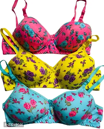 Fanmade - Women's Cotton Blend Padded Non Wired Push Up Printed Daily Use Regular Bra Combo Pack of 3 Multicolor (40 B)