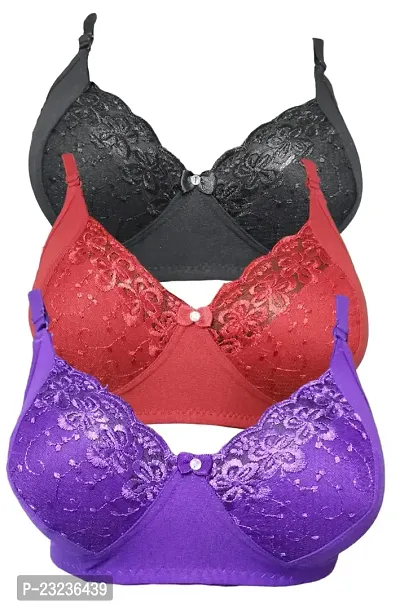 FANMADE Non Padded Beautiful Net Bra, Soft  Comfortable Fancy Net Bra for Women and Girl Pack of 3 (38, Maroon, Black, Purple)-thumb0