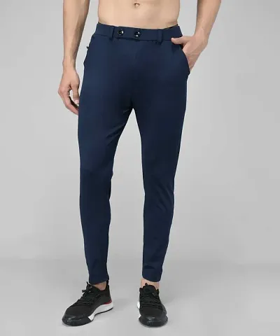Elegant Blue Lycra Solid Trousers For Men