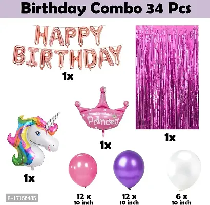 GROOVY DUDZ Unicorn Theme Birthday Decorations Combo Set- 34Pcs Kit with Happy Birthday pink foil, Head Foil, Metallic Balloons - Happy Birthday Decoration Kit for Girls / Unicorn Birthday Decorations-thumb2