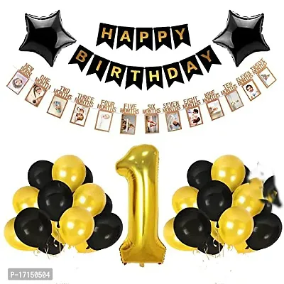 GROOVY DUDZ 1st Birthday Theme Decorations Bundle with Milestone Photo Banner Newborn to 12 Months, Metallic Balloons, Star  1 Number Balloon Black  Brown Pack of 35 Pcs