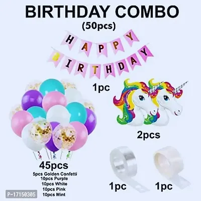 GROOVY DUDZ Unicorn Theme Birthday Decorations Combo Set- 50Pcs Kit with Happy Birthday Bunting, Head Foil, Metallic Balloons - Happy Birthday Decoration Kit for Girls / Unicorn Birthday Decorations-thumb2