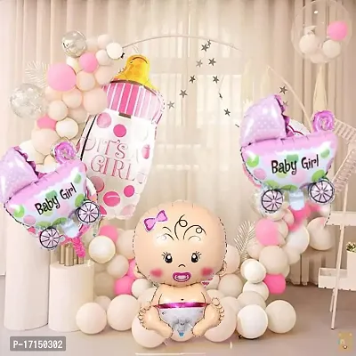 GROOVY DUDZ Its A Girl Baby Welcome Bottle,1 Printed Foil,2 Pram Pattern Foil Balloons,15 Pink,White Pastel Balloons For Kids Birthday Party Theme Decoration Kit-34 Pcs